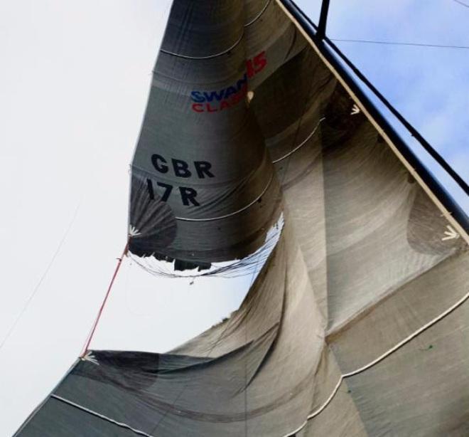 The mainsail of Nemesis which split more than halfway across from the leech - RORC Transatlantic Race © James Heald
